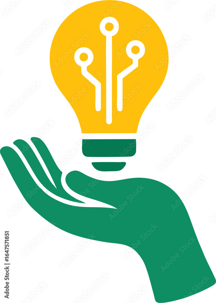 Fototapeta premium Minimalist vector illustration of a green hand holding a yellow light bulb with circuit lines, symbolizing innovation, technology, and eco-friendly ideas