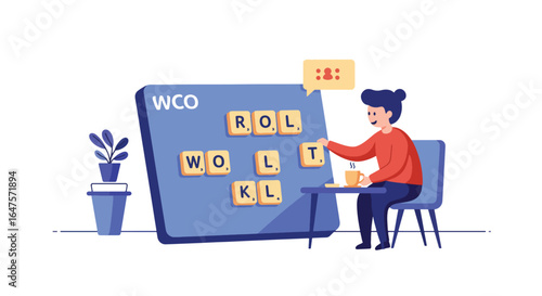 Person Enjoying Word Game Puzzle with Coffee