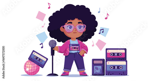 Retro Music Kid with Microphone and Cassette Tapes