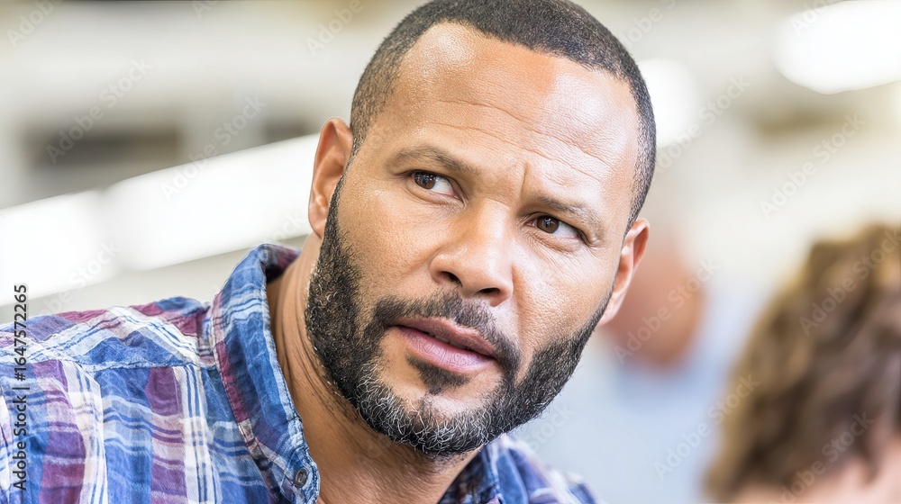 African American man with beard wearing plaid shirt is engaged in conversation, showcasing thoughtful expression in a bright, modern workspace with blurred background elements African American man with beard wearing plaid shirt is engaged in conversation, showcasing thoughtful expression in a bright, modern workspace with blurred background elements
