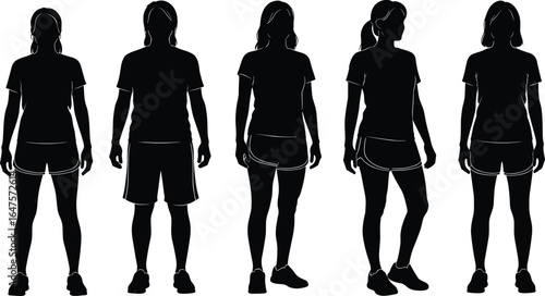 Children silhouette set, casual clothing, t-shirts and shorts, hairstyle variety, standing row, black vector, posture diversity, kids fashion