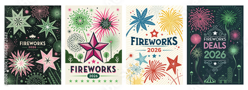 Colorful and vibrant fireworks display illustrations with festive designs for 2026 celebrations.