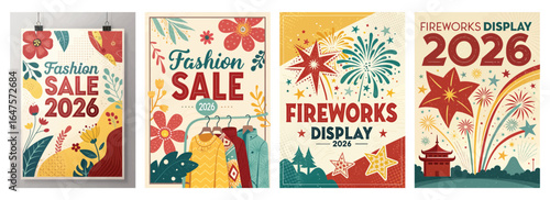 Vibrant sale and fireworks display posters with floral designs and festive colors for 2026 events.
