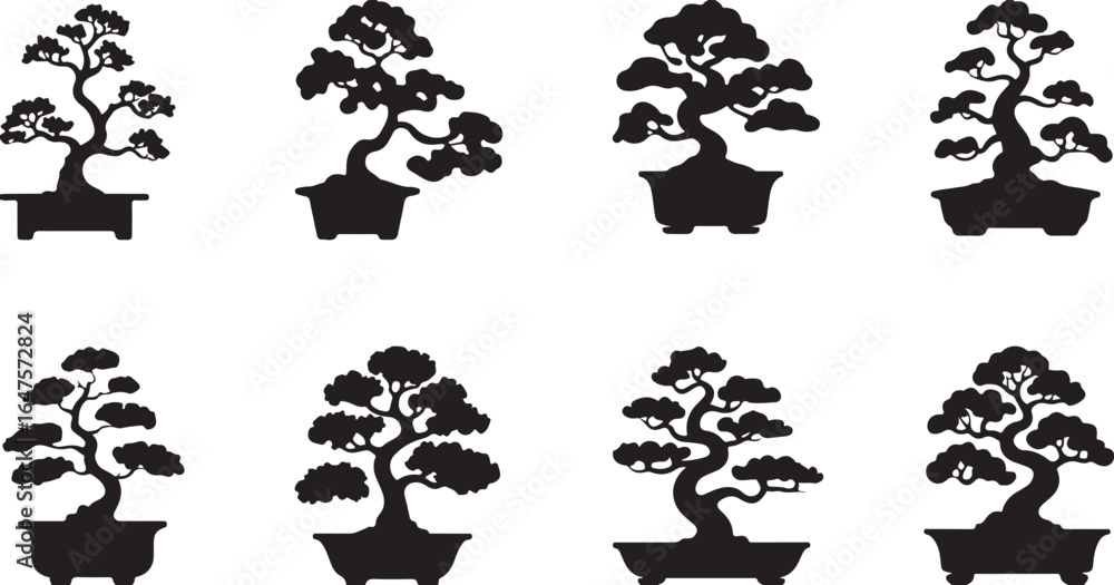Fototapeta premium Bonsai Tree Icons and Illustrations in Black and White