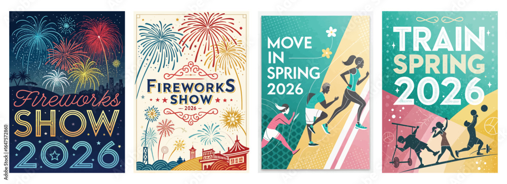 Obraz premium Colorful 2026 event posters showcasing fireworks, spring training, and active movement.