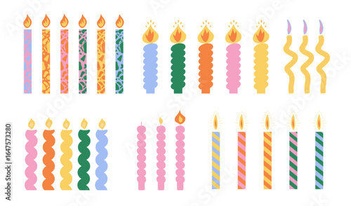 Set of colorful decorative birthday candles with various patterns isolated