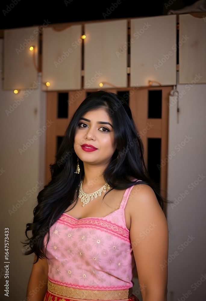 Fototapeta premium Portrait of a woman with long black hair wearing a pink top and a necklace indoors posing