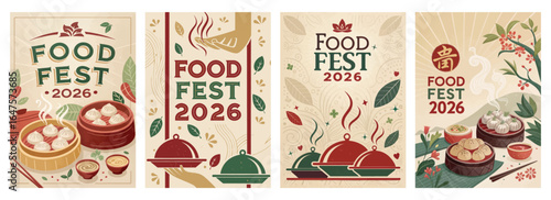 Four colorful Food Fest 2026 posters featuring delicious dishes and a festive atmosphere.