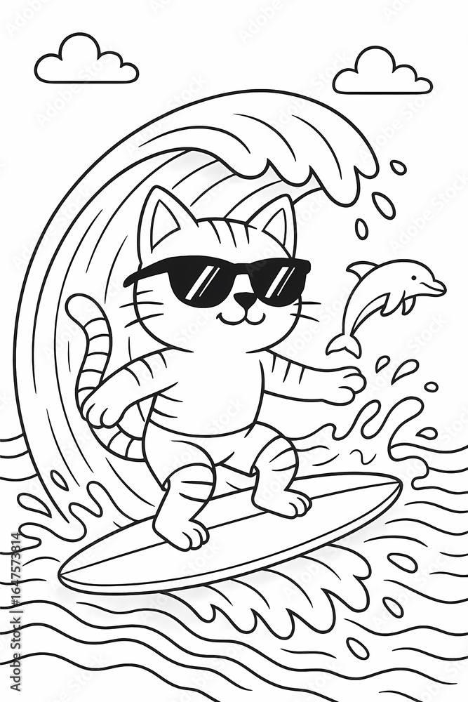 Obraz premium Cool cartoon cat surfing with sunglasses and dolphin jumping nearby, outlined coloring page.