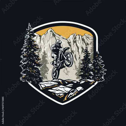 Bold badge-style logo of a white man riding a motor trail across rocky terrain with pine forest and mountain backdrop. Rugged black-white-yellow vector with dirtbike, motocross, and enduro energy.