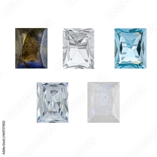 Different color rectangular shaped gemstones for designers and mockup isolated on white background