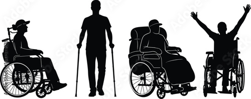 Disability silhouettes, wheelchair users, crutches, mobility aids, inclusive design, accessibility icons, diverse abilities, black outline, support equipment