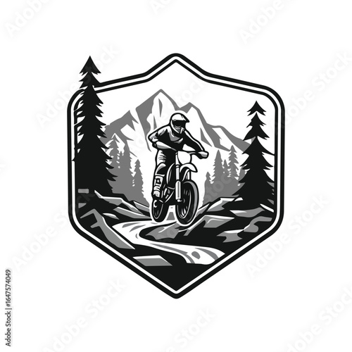 Bold badge-style logo of a white man riding a motor trail across rocky terrain with pine forest and mountain backdrop. Rugged black-white-yellow vector with dirtbike, motocross, and enduro energy.