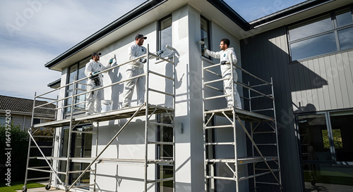 Exterior house painting crew on scaffolding, working on a modern home.