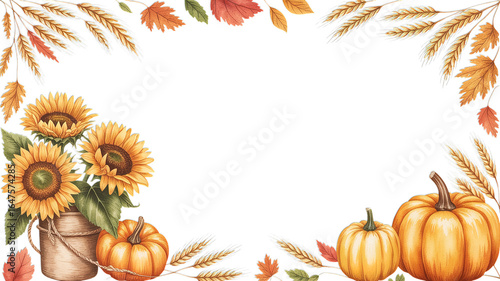 Autumn frame with sunflowers pumpkins wheat and colorful leaves