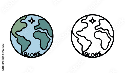 Globe Icon Illustrations Depicting Earth and its Landmasses with Bold Outlines and Lettering