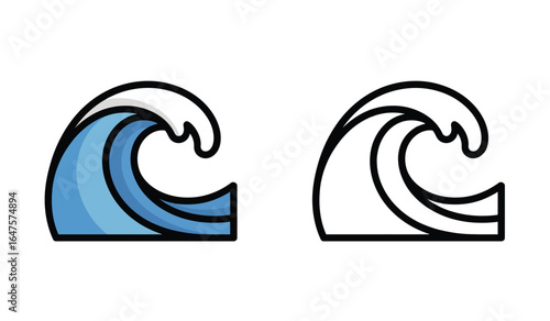 Simple Cartoon Illustration of a Wave with Color and Line Art Representations of the Ocean Wave
