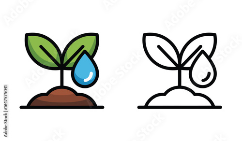 Plant growth illustration with a colorful and monochrome depiction of plant cultivation with water drop