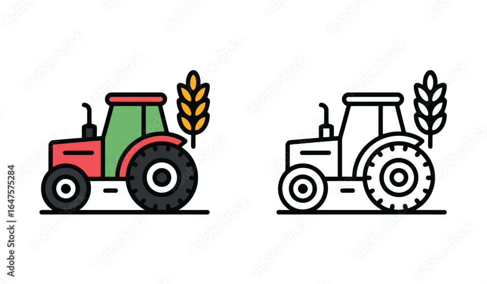 Obraz premium Colorful and Outlined Tractor Icons with Wheat Stalks, Farm Vehicle Graphics