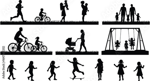 Family activity silhouettes, children playing, biking, walking, stroller, swings, adult-child interaction, outdoor fun, parenting moments, black outline