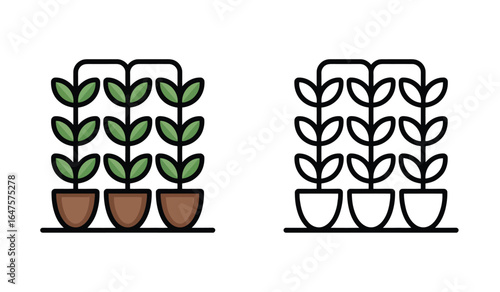 Potted Plants Displaying Parallel Irrigation System in Color and Outline Illustration Sets for Gardening