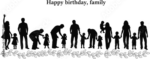 Family silhouette, birthday celebration, parents and children, holding hands, waving, decorative leaves, happy family, vector illustration, black