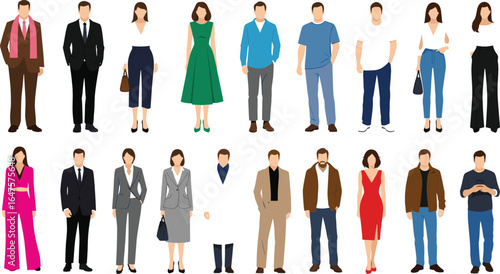 Fashion silhouettes, diverse clothing styles, formal and casual outfits, men and women, standing poses, black outline, wardrobe variety