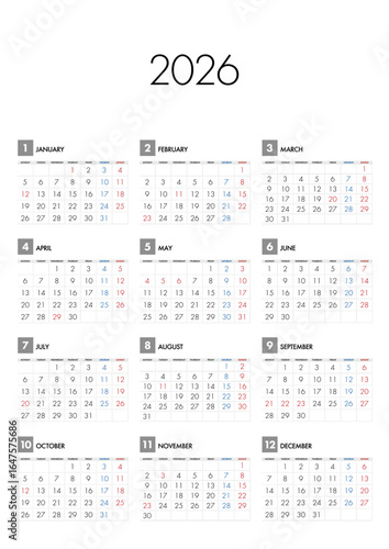 2026年の年間カレンダー月曜始まり