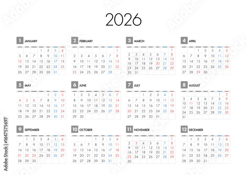 2026年の年間カレンダー月曜始まり