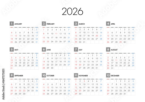 2026年の年間カレンダー日曜始まり