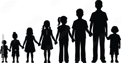 Family silhouettes, age progression, generational unity, children to adults, growth concept, holding hands, life stages, people evolution, togetherness