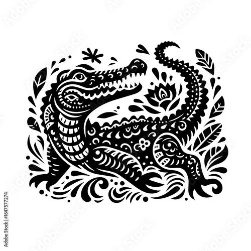 Ornate black and white crocodile illustration with folk art patterns and floral motifs.