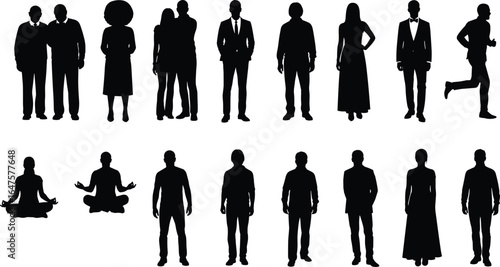 Human silhouettes, diverse poses, formal and casual attire, sitting, running, standing, black outline, posture variety, fashion reference