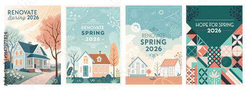 A colorful spring-themed illustration showcasing homes, flowers, and patterns, celebrating renovation.