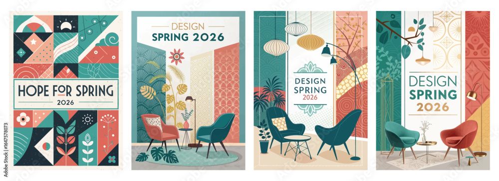 Naklejka premium Colorful spring design posters showcasing modern interiors and floral themes for 2026.