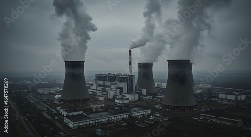 Dominating industrial power plant with massive cooling towers and smokestacks emitting extensive plumes, highlighting global environmental impact and energy production.