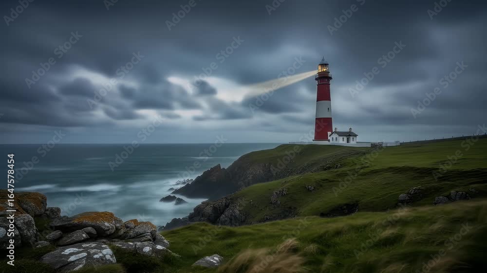 Dramatic coastal lighthouse under stormy sky showcasing powerful beam light Dramatic coastal lighthouse under stormy sky showcasing powerful beam light