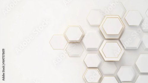 White Hexagon Background with Gold Lines. Minimal Luxury 3D Geometric Design