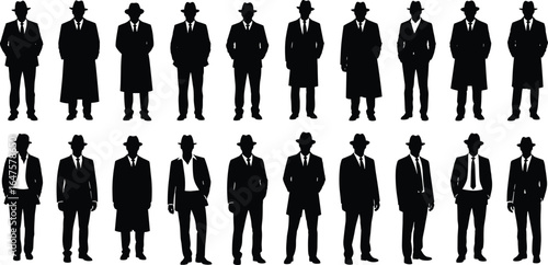 Suited silhouettes, vintage fashion, mysterious figures, black and white, classic style, formal attire, hat-wearing characters, posture study, noir concept, gentleman pose, secret agent look, graphic 
