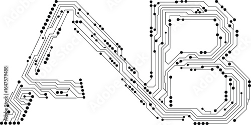 Letters A and B formed by circuit board traces and nodes