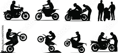 Motorcycle silhouette set, riding poses, stunt biker, maintenance action, motorbike interaction, vector illustration, black, extreme sport, biker