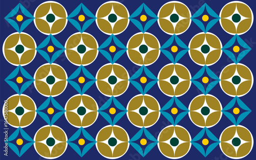 seamless pattern with blue and white flowers. An ethnic Indonesian batik style vector with geometric patterns in a striking gold and turquoise color palette on a deep blue background. Floral design