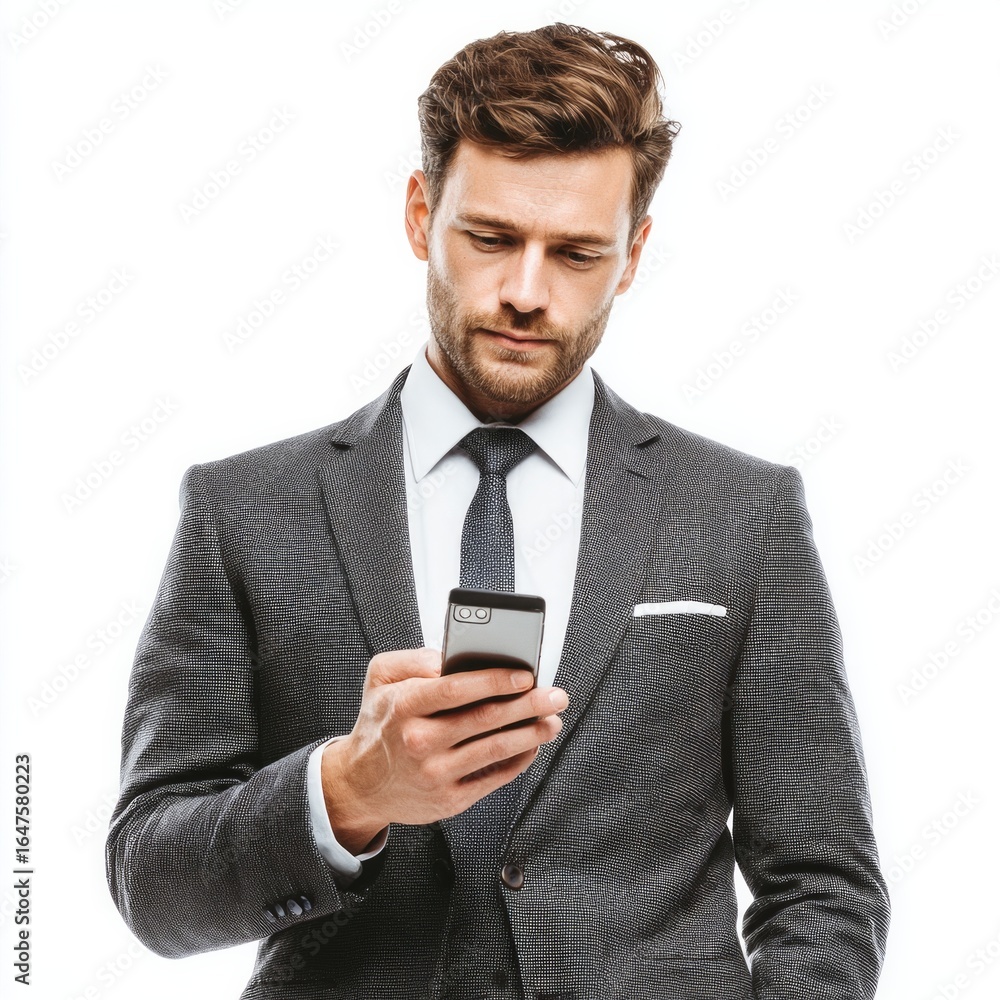 A man in a suit is looking at his cell phone A man in a suit is looking at his cell phone