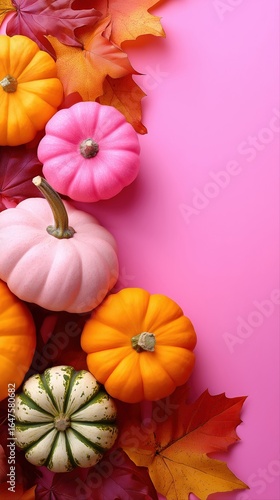 Wallpaper Mural Colorful autumn pumpkins and leaves on pink background Torontodigital.ca