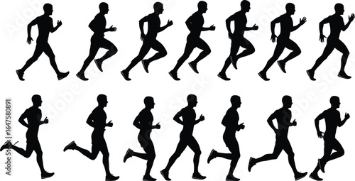 Running motion silhouette set, human movement vector, athletic pose sequence, biomechanics graphic collection, black design, dynamic runner cycle