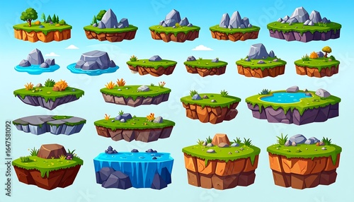 Collection of cartoon flying islands for game design and fantasy illustration