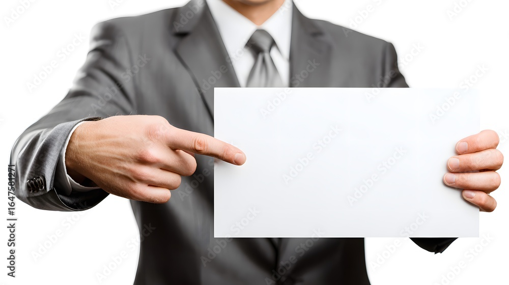 A businessman in a gray suit holding a blank paper, a clean canvas for your message. He's pointing towards it, ready for your input. A businessman in a gray suit holding a blank paper, a clean canvas for your message. He's pointing towards it, ready for your input.