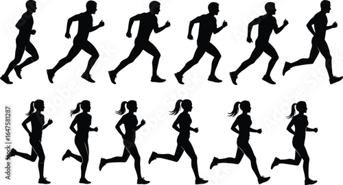 Running silhouettes, male and female, stride cycle, motion sequence, athletic biomechanics, black outline, fitness vector, animation reference