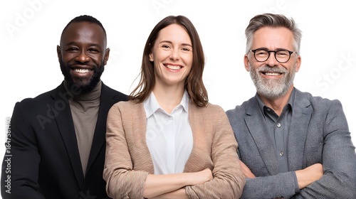 A diverse group of three professionals is posing and smiling confidently at the camera. Their outfits are smart casual attire