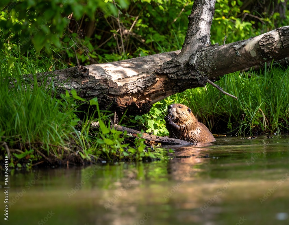Fototapeta premium Beaver by a riverbank